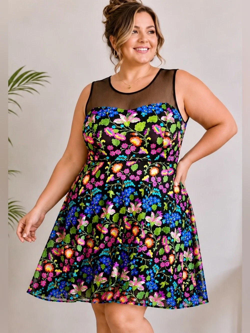 NWT Tahari ASL Floral Embroidered-Mesh Illusion Fit & Flare Dress Size 16 - Picture 2 of 12